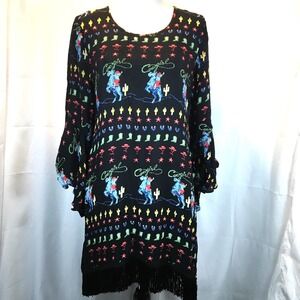 Uncle Frank Cowgirl Western Fringe Dress Cactus Star Print Black Large